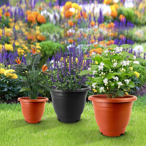 Eco-friendly plastic flower pot in various colors, suitable for indoor and outdoor decor. Lightweight and durable plant container for home gardens.